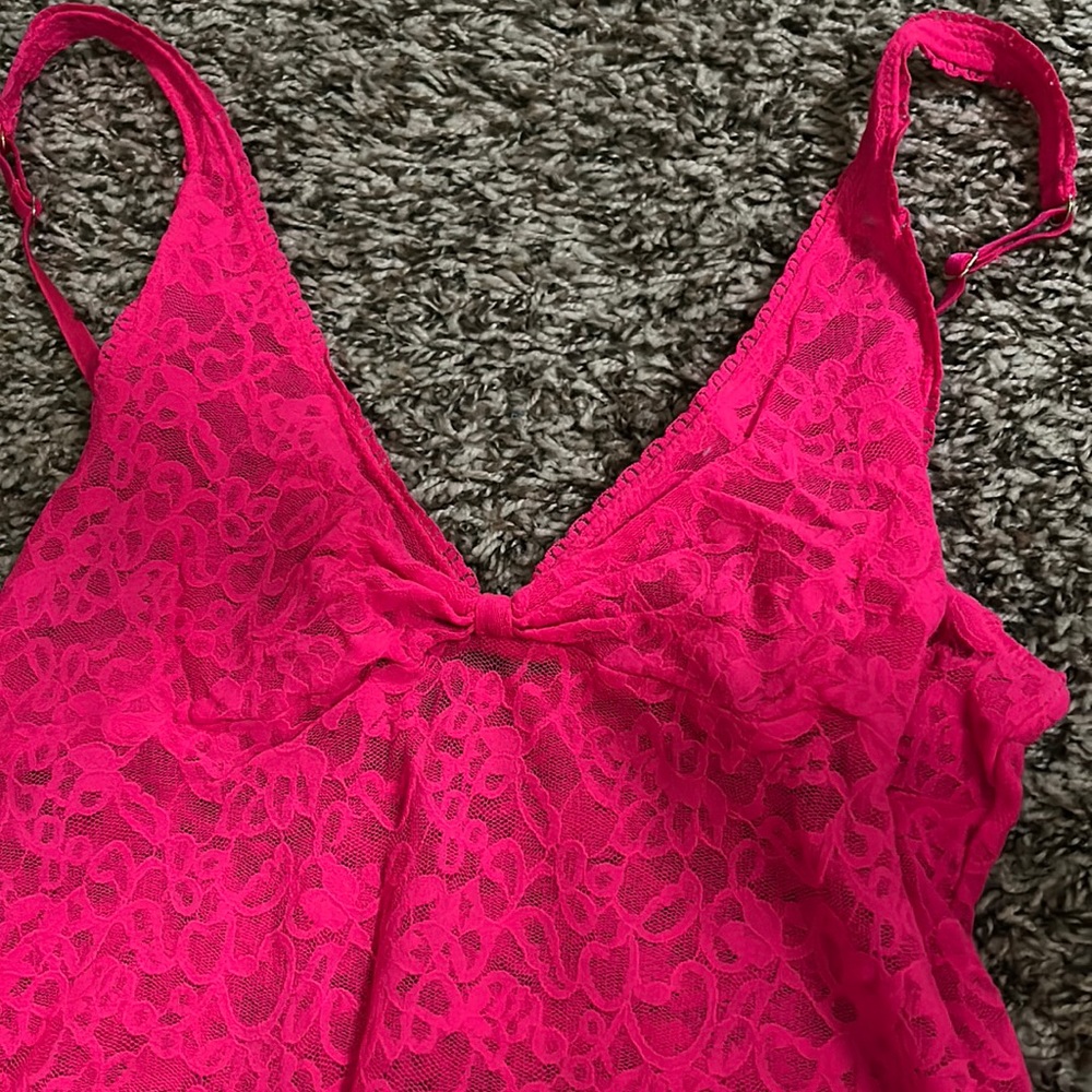 Lace see through hot pink slip dress